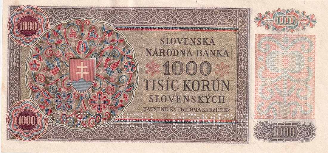 Československo 1944 - 1945, 1000 Korun 1940 kolkovaná 2x SPECIMEN
