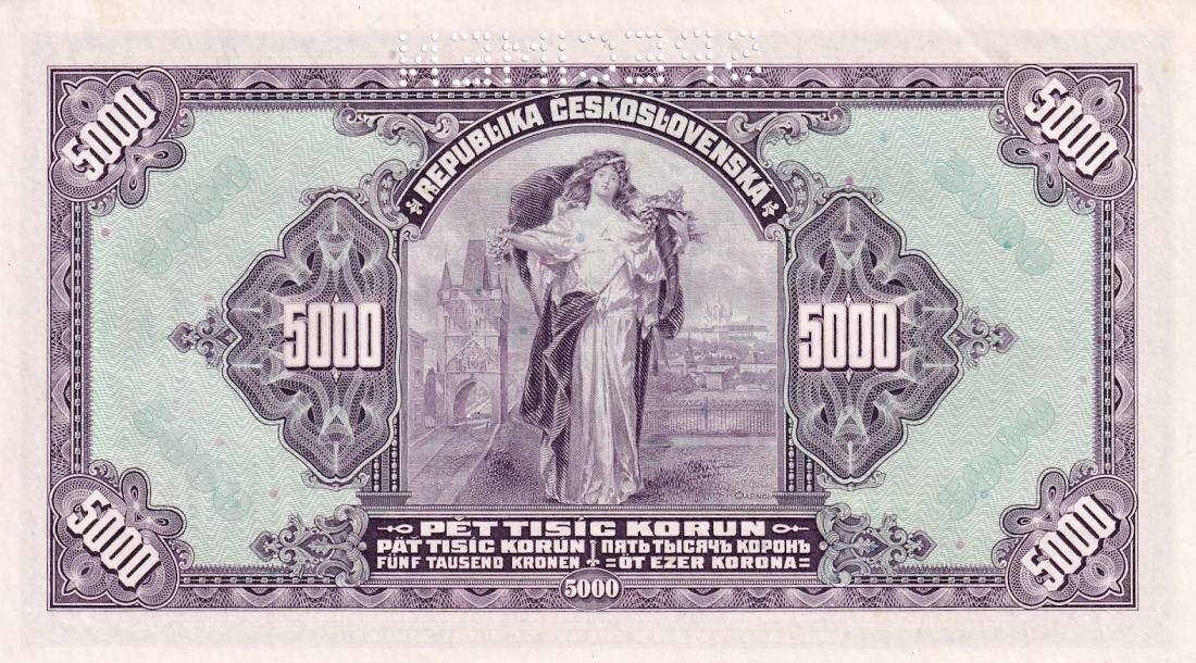 Československo 1919 - 1939, 5000 Korun 6.7.1920 SPECIMEN přetisk 1943