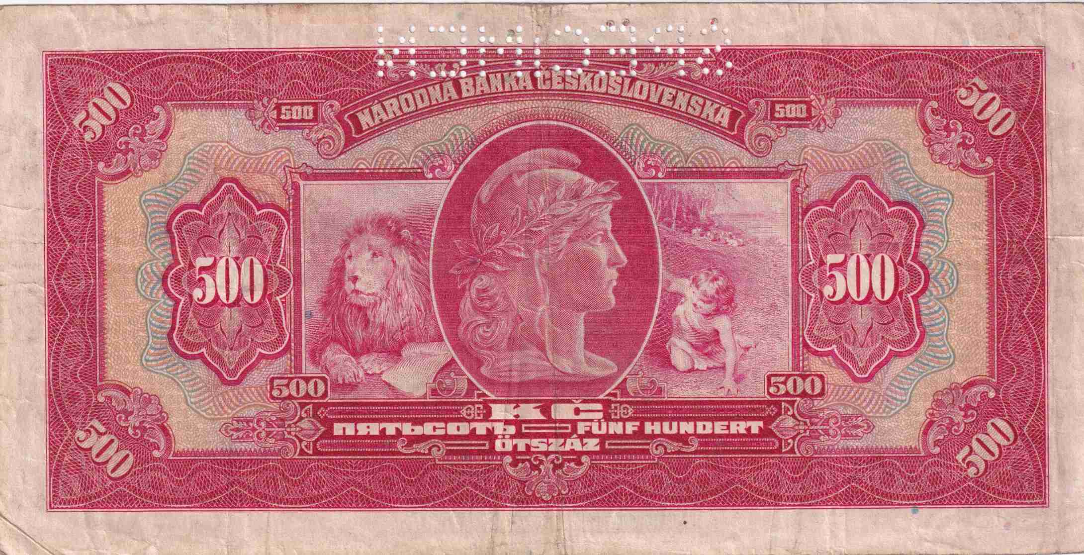 Slovenská republika 1939 - 1945, 500 Korun přetisk b.l.(1939), SPECIMEN