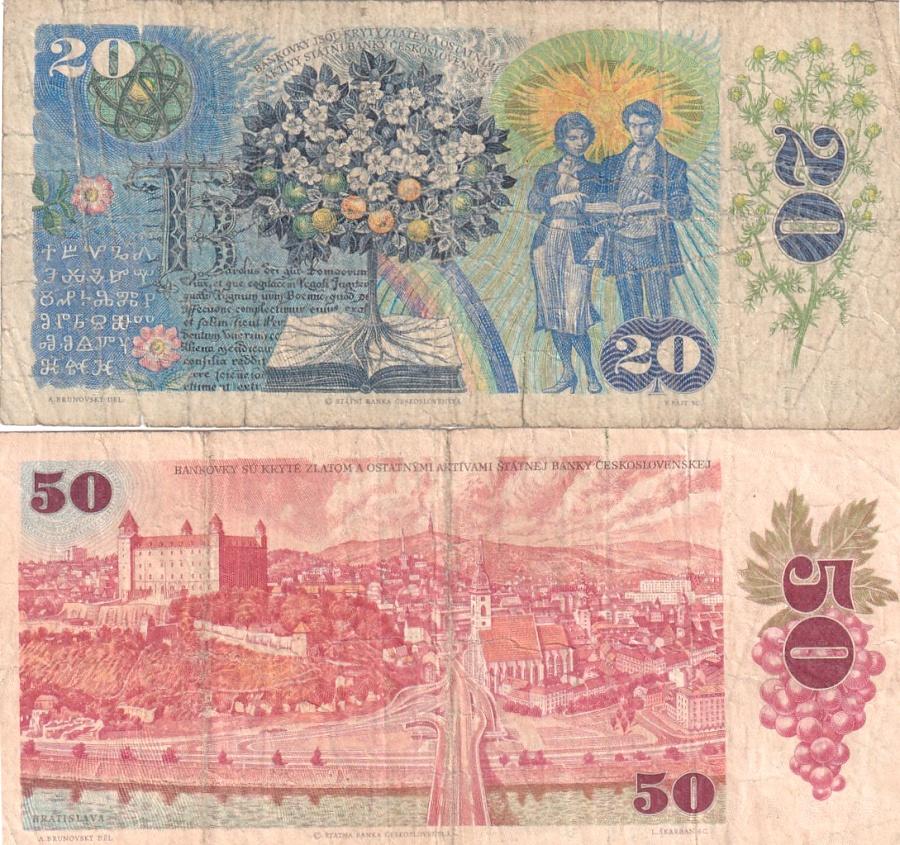 Slovinsko, konvolut bankovek 20 a 50 Koruna 1988, 1987 2 kusy