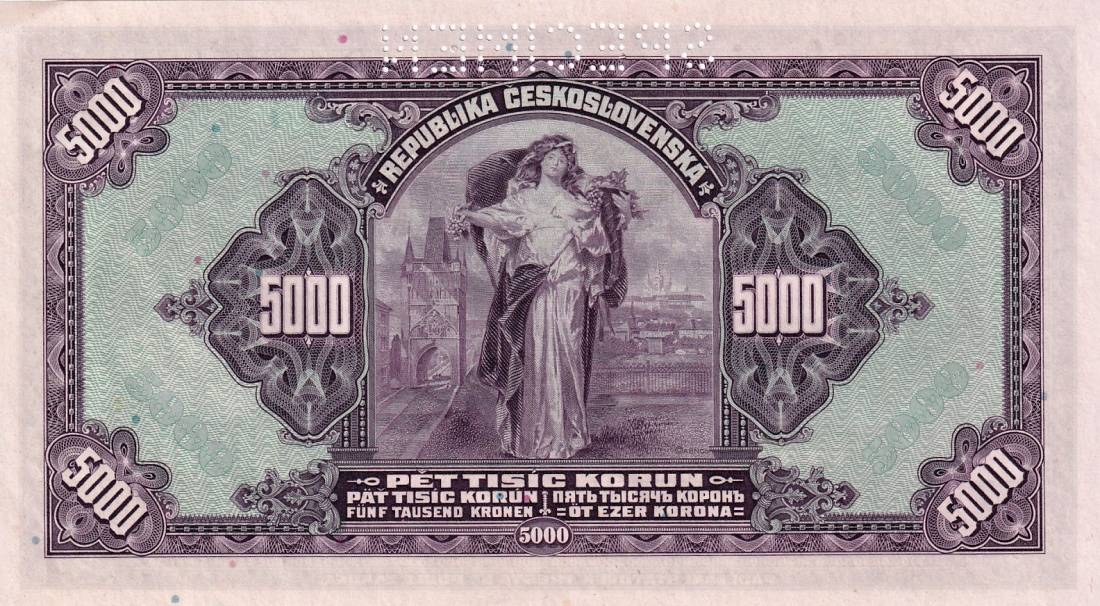 Československo 1919 - 1939, 5000 Korun 6.7.1920 SPECIMEN přetisk 1943