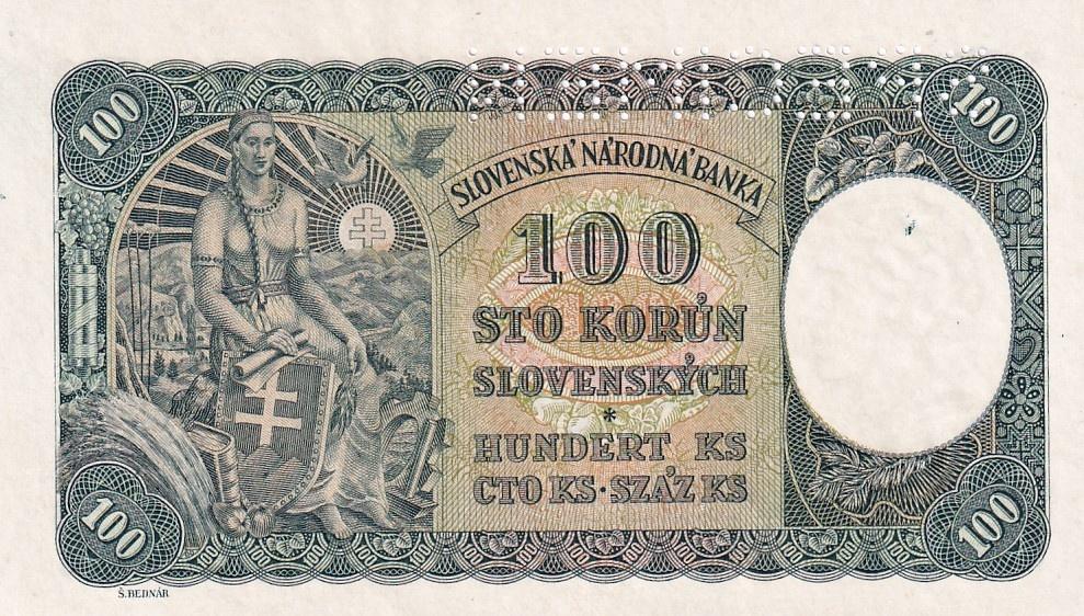 Československo 1944 - 1945, 100 Korun 1940 kolkovaná, I. vydání, SPECIMEN