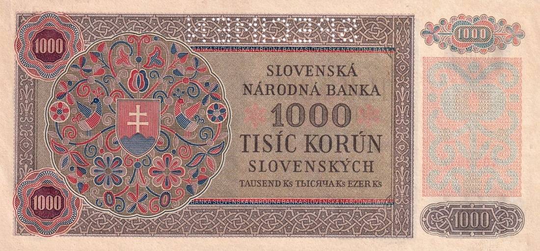 Československo 1944 - 1945, 1000 Korun 1940 kolkovaná SPECIMEN