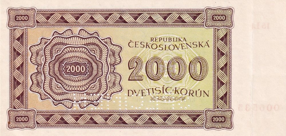 Československo 1944 - 1945, 2000 Korun 1945, perforace SPECIMEN