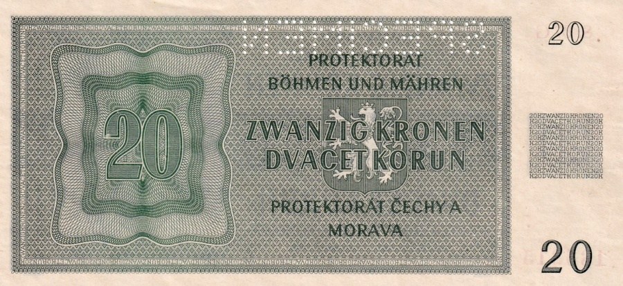 Protektorát 1939 - 1945, 20 Korun 1944 SPECIMEN