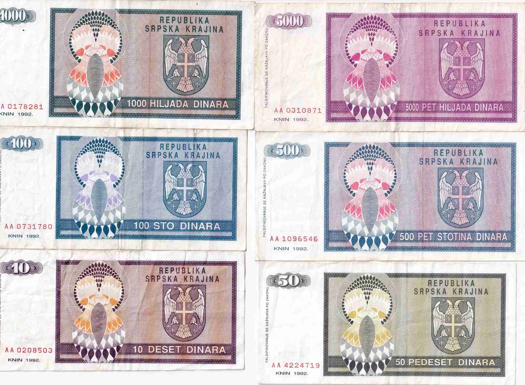 Chorvatsko, Rep. Srbská Krajina, konvolut 6ks