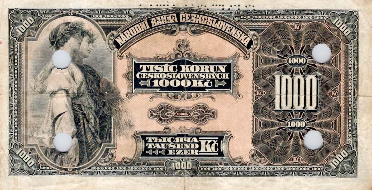 Československo 1919 - 1939, 1000 Korun 1932, SPECIMEN + 4x skartační otvory
