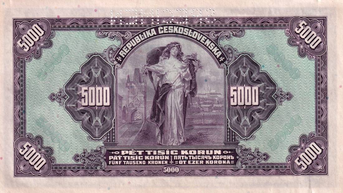 Československo 1919 - 1939, 5000 Korun 6.7.1920  SPECIMEN přetisk 1943