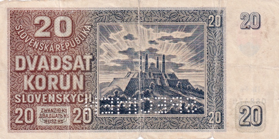 Slovenská republika 1939 - 1945, 20 Korun 1939  SPECIMEN dole