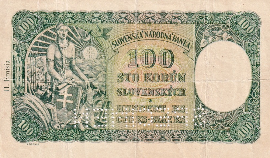 Slovenská republika 1939 - 1945, 100 Ks 1940, SPECIMEN dole