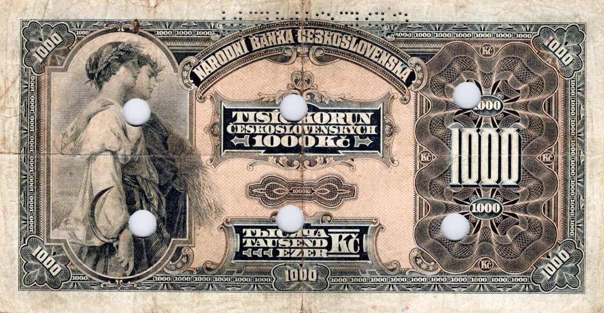 Československo 1919 - 1939, 1000 Korun 1932, SPECIMEN + 6x skartační otvory