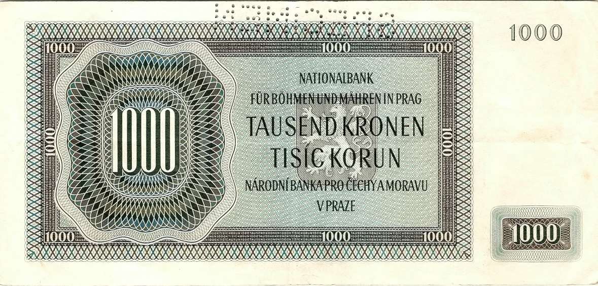 Protektorát 1939 - 1945, 1000 Korun 1942, I. vydání serie D, SPECIMEN
