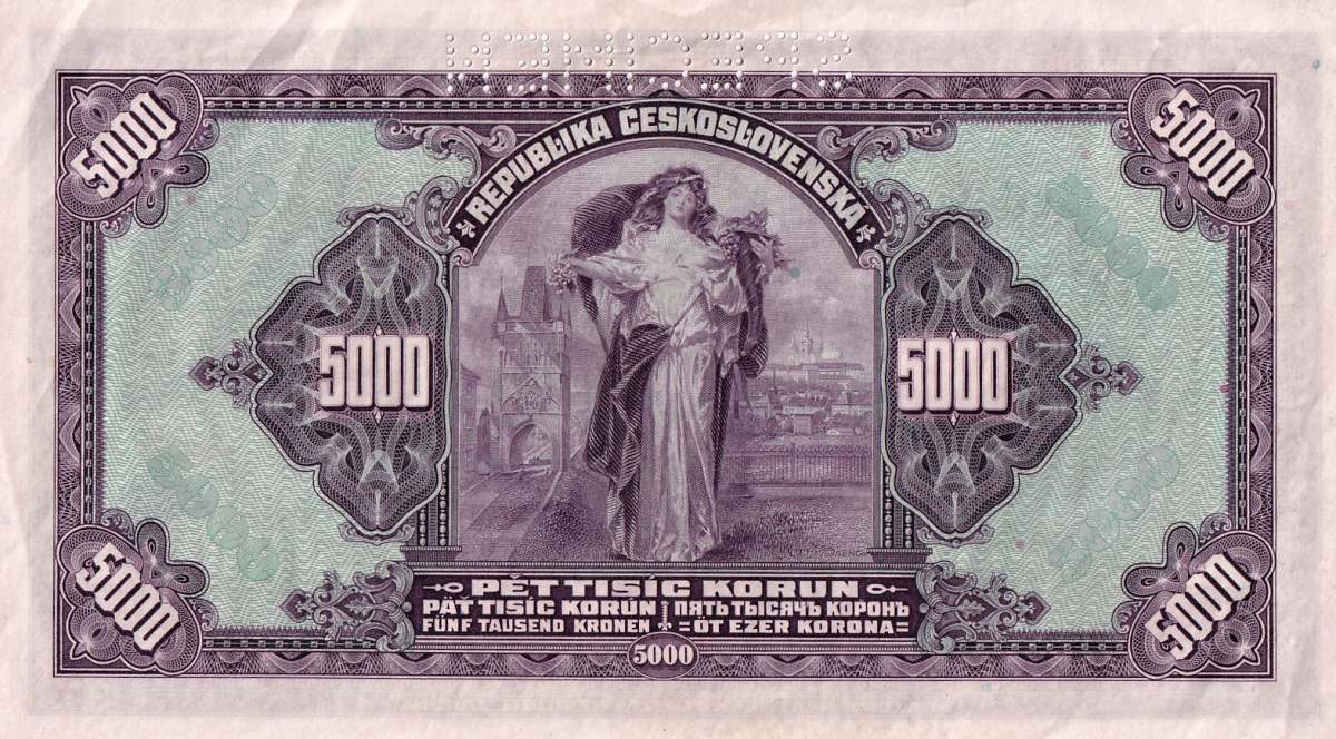 Československo 1919 - 1939, 5000 Korun 6.7.1920  SPECIMEN přetisk 1943
