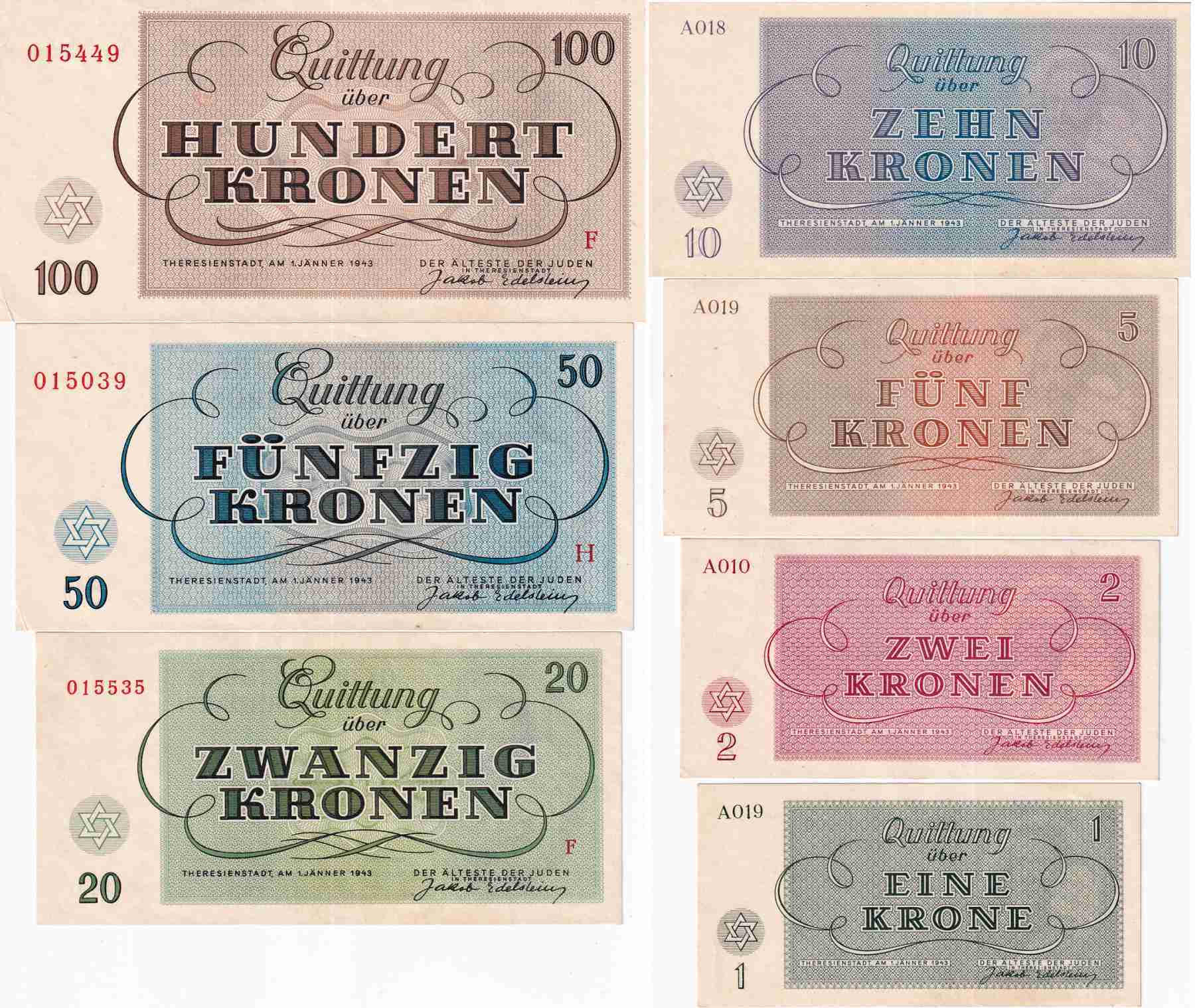 Poukázky terezínského getta , 1,2, 5, 10, 20, 50, 100 Korun 1943