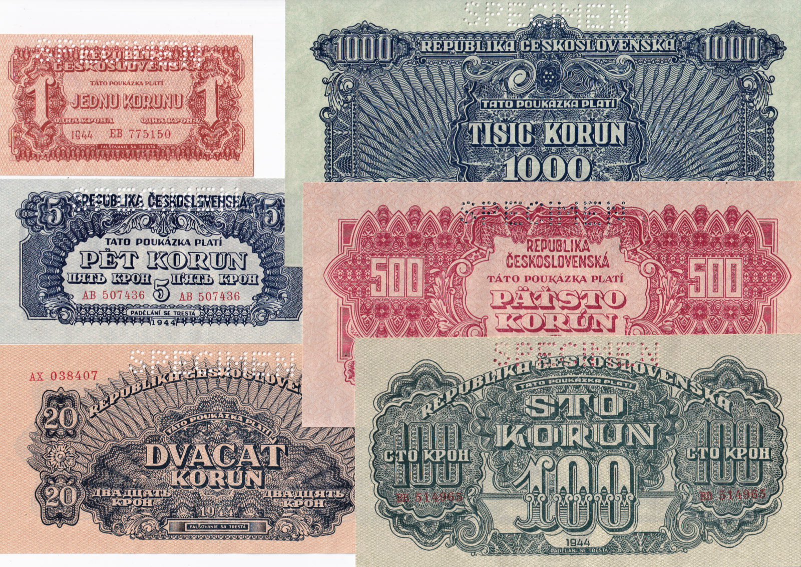 Československo 1944 - 1945, 1, 5, 20, 100, 500 a 1000 Koruna 1944 SPECIMEN