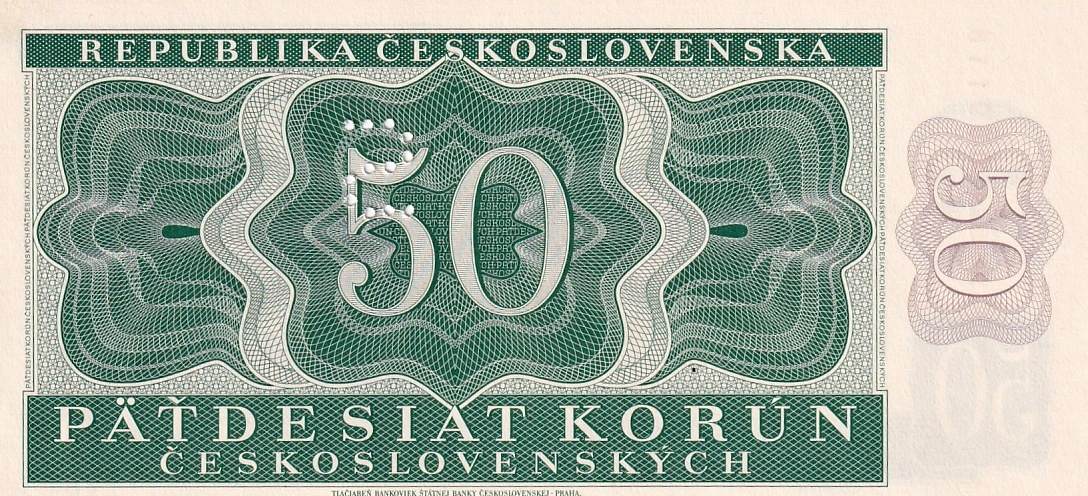 Československo 1945 - 1953, 50 Kčs 1950 série B39, perforace písmeno S