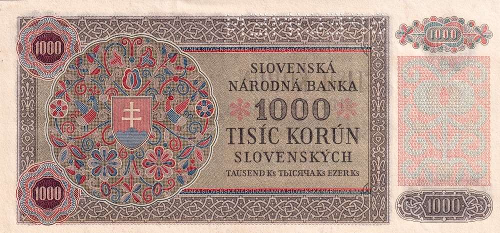 Československo 1944 - 1945, 1000 Korun 1940 kolkovaná SPECIMEN