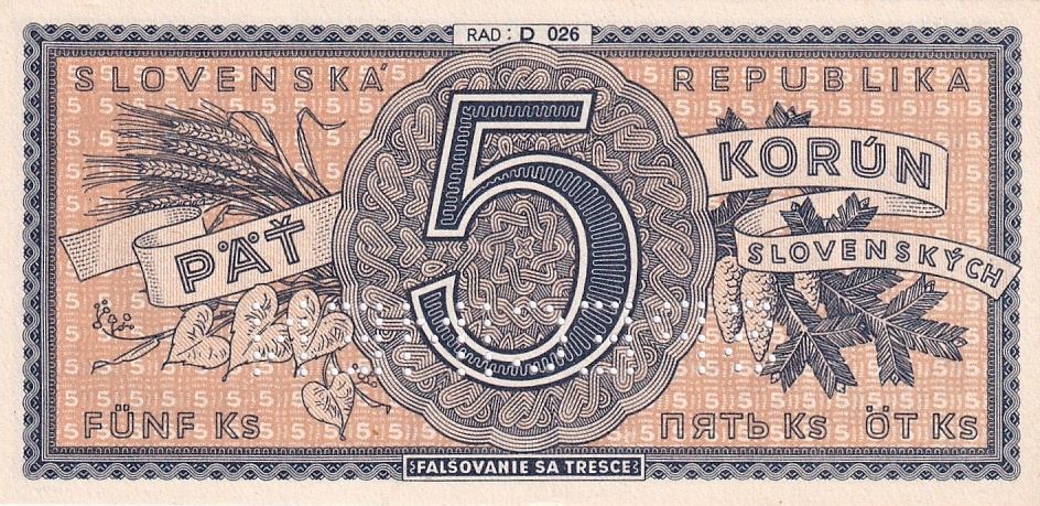 Slovenská republika 1939 - 1945, 5 Koruna  b.l. (1945) SPECIMEN