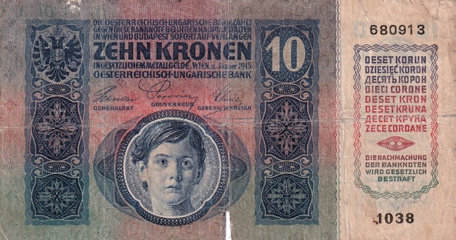 Československo 1919 - 1939, 10 Koruna 1915, kolkovaná