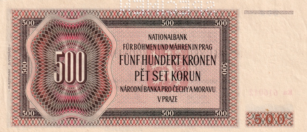 Protektorát 1939 - 1945, 500 Korun 1942, II. vydání, SPECIMEN