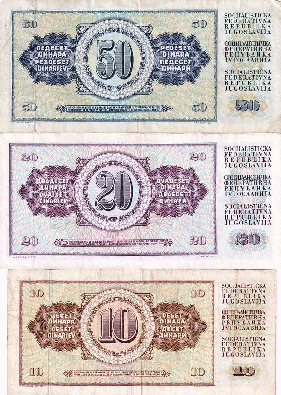 Jugoslávie 10, 20, 50 Dinara 