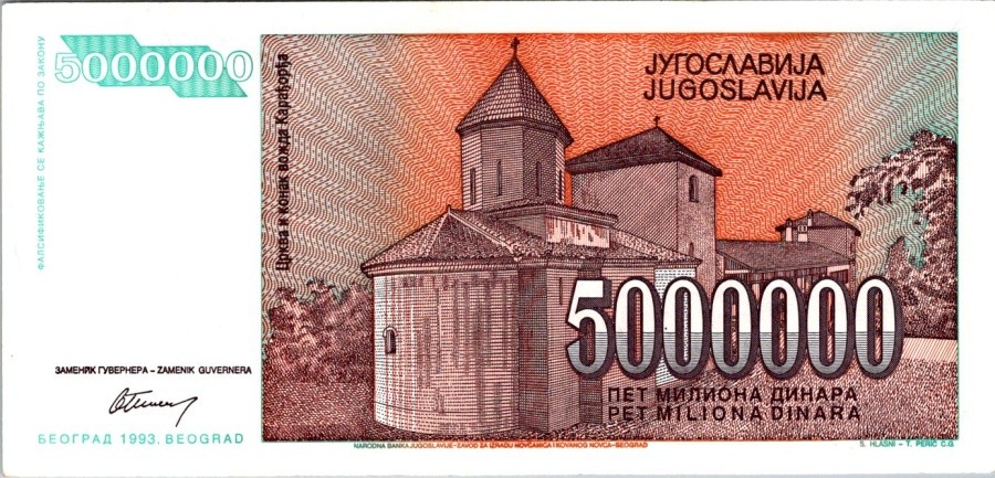 Jugoslávie, 5 000 000 Dinára 1993