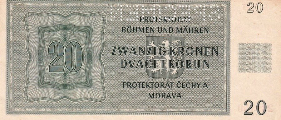 Protektorát 1939 - 1945, 20 Korun 1944 SPECIMEN