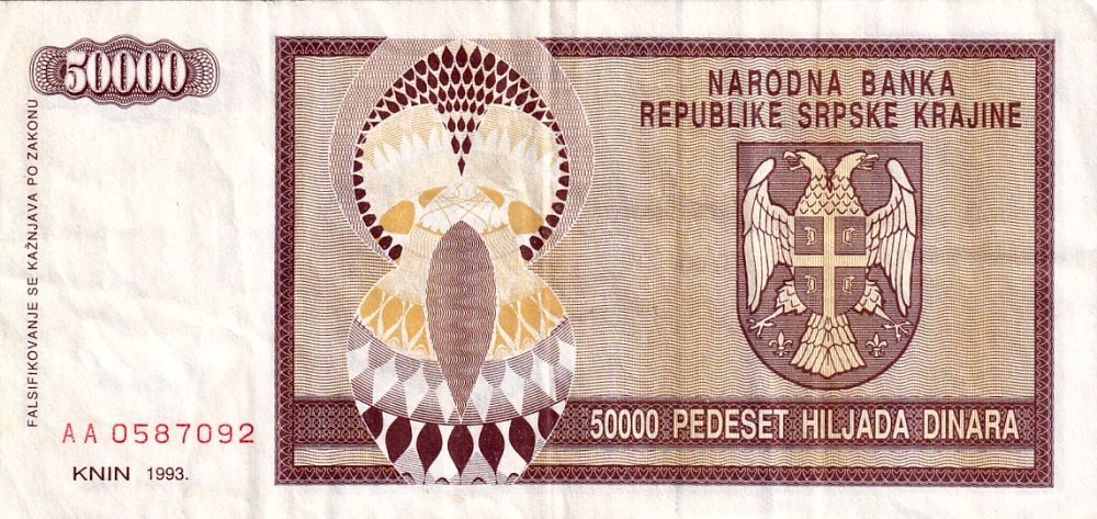 Chorvatsko, Rep. Srbská krajina 50 000 Dinara 1993