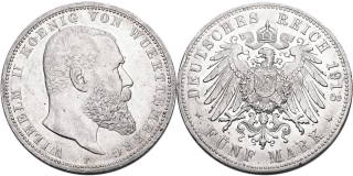 Německo, Wuerttemberg, Wilhelm II. 1888 - 1918, 5 Marka 1913 F