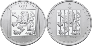 Česká republika, 200 Kč 2014 proof, 25. výročí 17. listopadu 1989