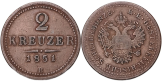 František Josef I. 1848 - 1918, 2 Krejcar 1851 B