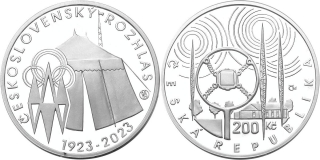 Česká republika 1993, 200 Kč 2023 proof, 100. výročí zahájení pravidelného vysílání čs rozhlasu