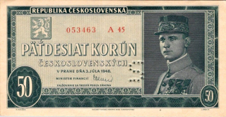 Československo 1945 - 1953, 50 Kčs 1948 serie A39, perforace S