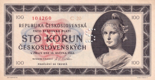Československo 1945 - 1953, 100 Kčs 1945, perforace S