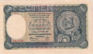 Slovenská republika 1939 - 1945, 100 Ks 1940, SPECIMEN