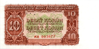 Československo, 10 Kčs 1953, perforace 3 m.d.