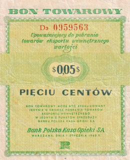 Polsko, PAWEX, Bon Tolarowy, 0,05 Centów 1960