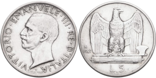 Itálie, Vittorio Emanuele III. 1900 - 1946, 5 Lira 1927 R