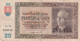 Slovenská republika 1939 - 1945, 20 Korun 1939 SPECIMEN