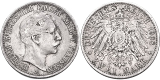 Německo, Wuerttemberg, Wilhelm II. 1888 - 1918, 2 Marka 1908 A