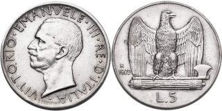 Itálie, Vittorio Emanuele III. 1900 - 1946, 5 Lira 1929 R