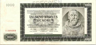 Protektorát 1939 - 1945, 1000 Korun 1942, I. vydání serie D, SPECIMEN