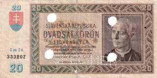 Slovenská republika 1939 - 1945, 20 Korun 1939 SPECIMEN + skartovací otvory