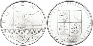 Československo 1953 - 1993, 50 Kčs 1991, 150. výročí zahájení plavby prvního českého parníku Bohemia
