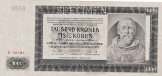 Protektorát 1939 - 1945, 1000 Korun 1942, I. vydání serie D, SPECIMEN