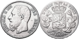 Belgie, Leopold II. 1865 - 1909, 5 Francs 1869