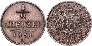 František Josef I. 1848 - 1918, 1/2 Krejcar 1851 B